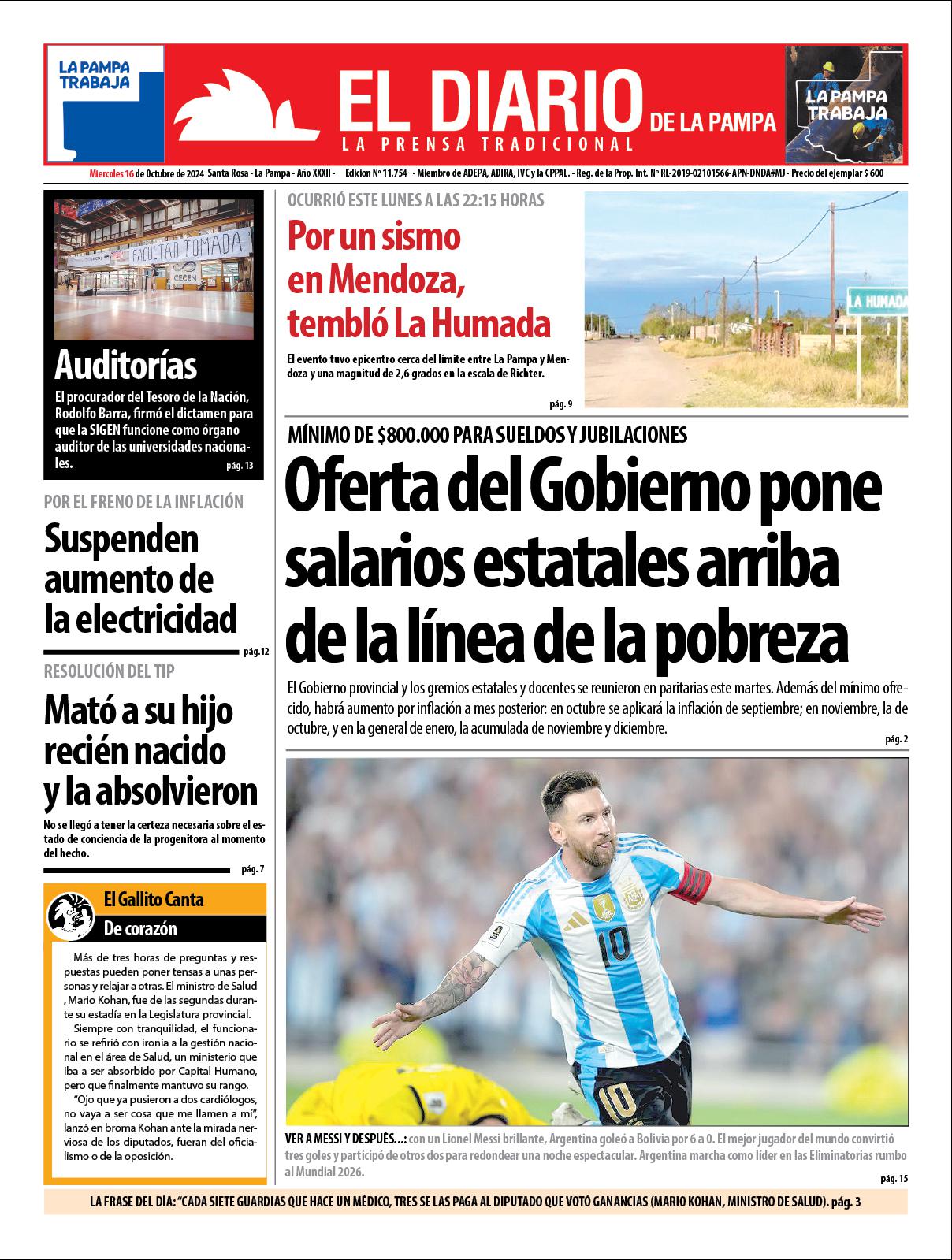 Tapa de El Diario en papel  mieacutercoles 16 de octubre de 2024